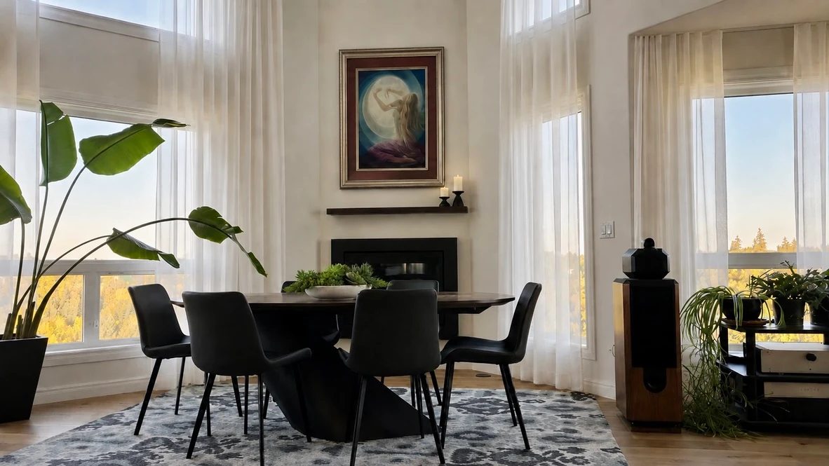 Hendley Residence dining room with fireplace and original painting