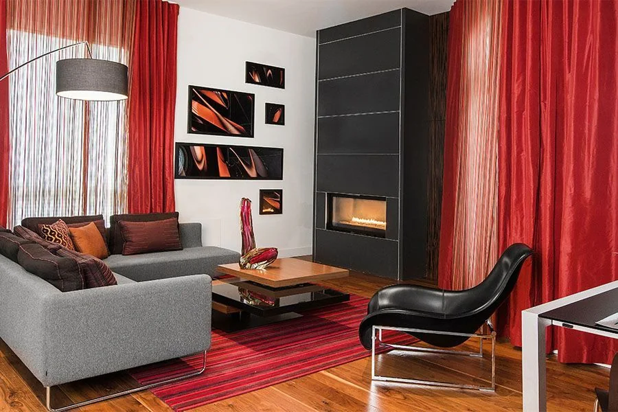Penthouse living room with fireplace